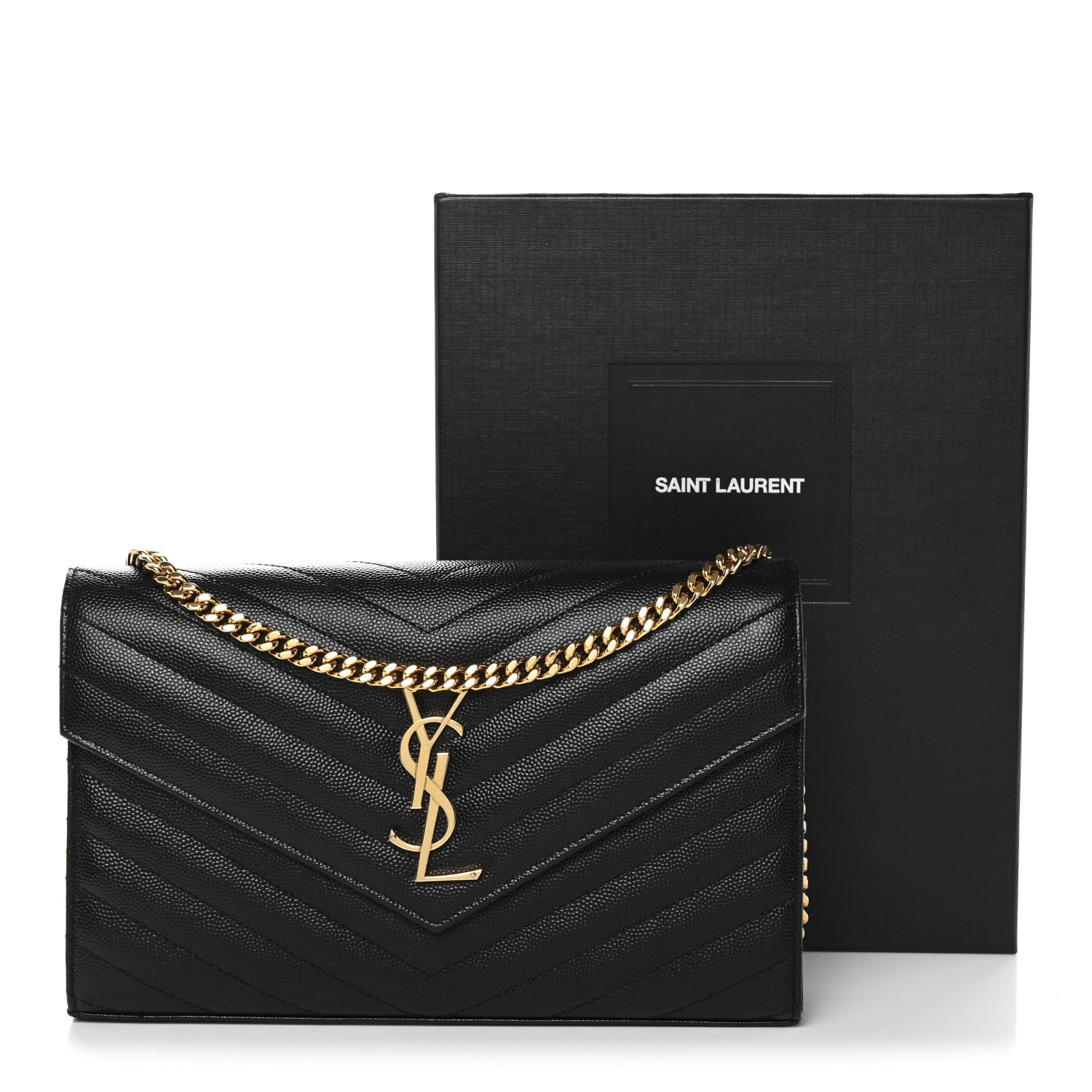Saint Laurent Grain De Poudre Matelasse Chevron Monogram Chain Wallet Black 11 of 11