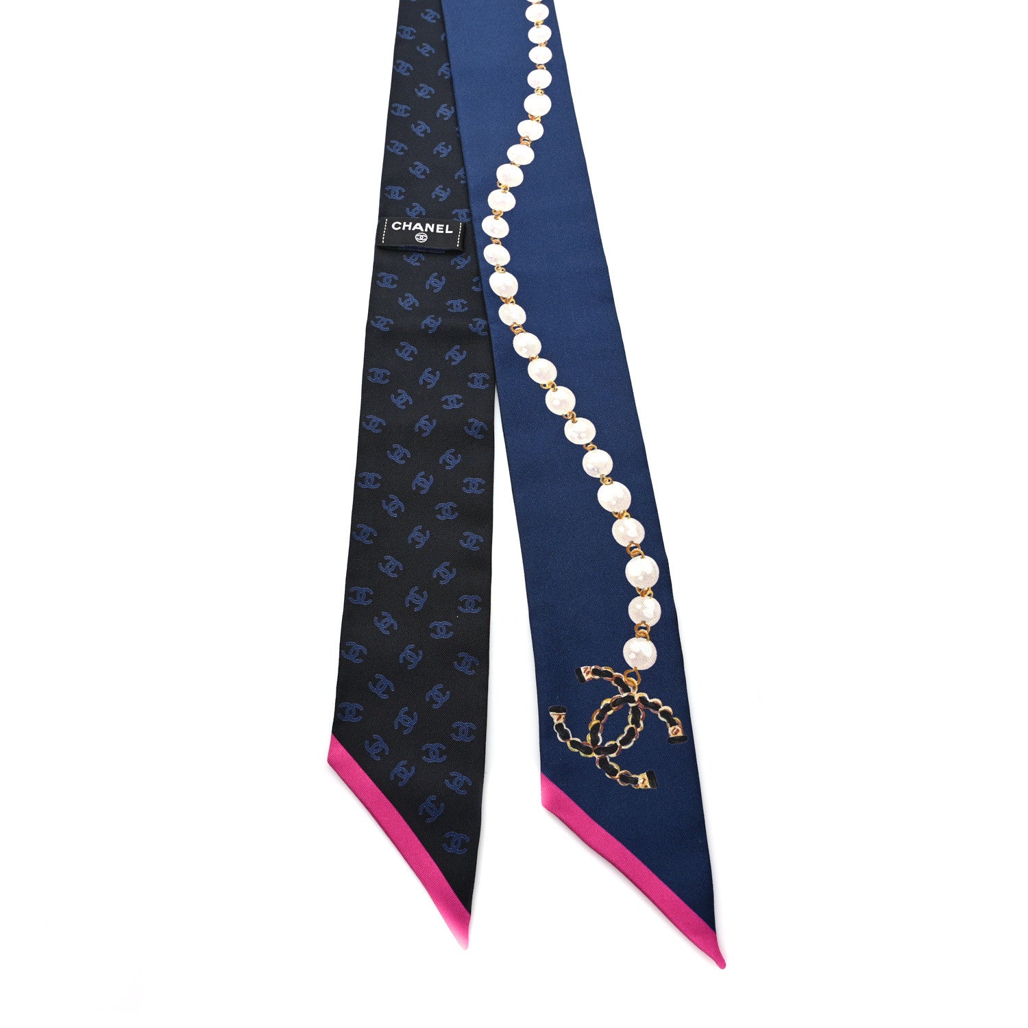 Chanel Silk Pearl CC Chain Slim Bandeau Scarf Navy Pink 2 of 3