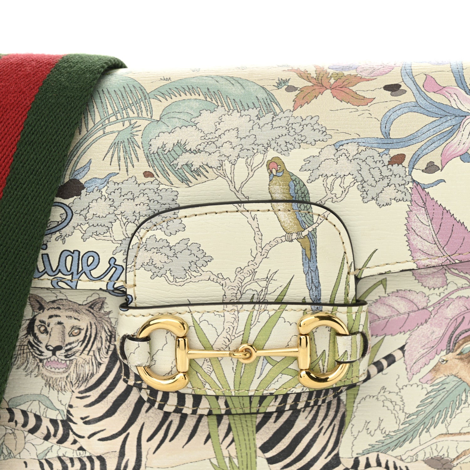 Gucci New Shangai Calfskin Tiger Savanah Web Mini Horsebit 1955 Shoulder Bag Chalky White Multicolor 8 of 11