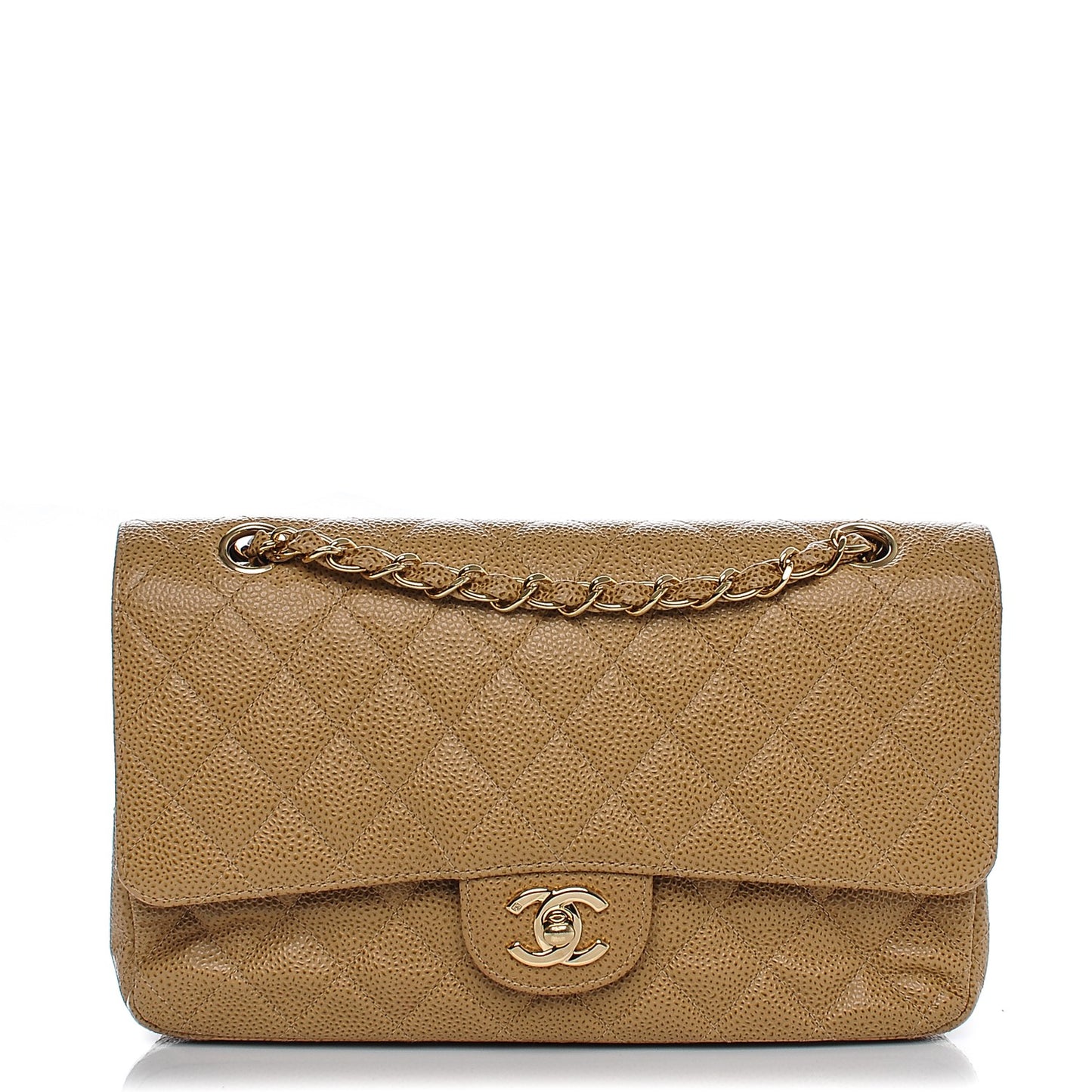Caviar Quilted Medium Double Flap Beige