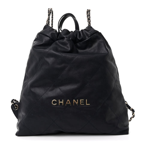 Shiny Caviar Quilted Chanel 22 Backpack Dark Blue