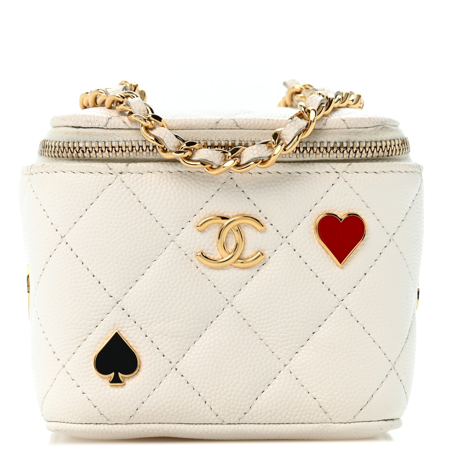 Caviar Quilted Enamel Coco Casino Mini Vanity Case With Chain White