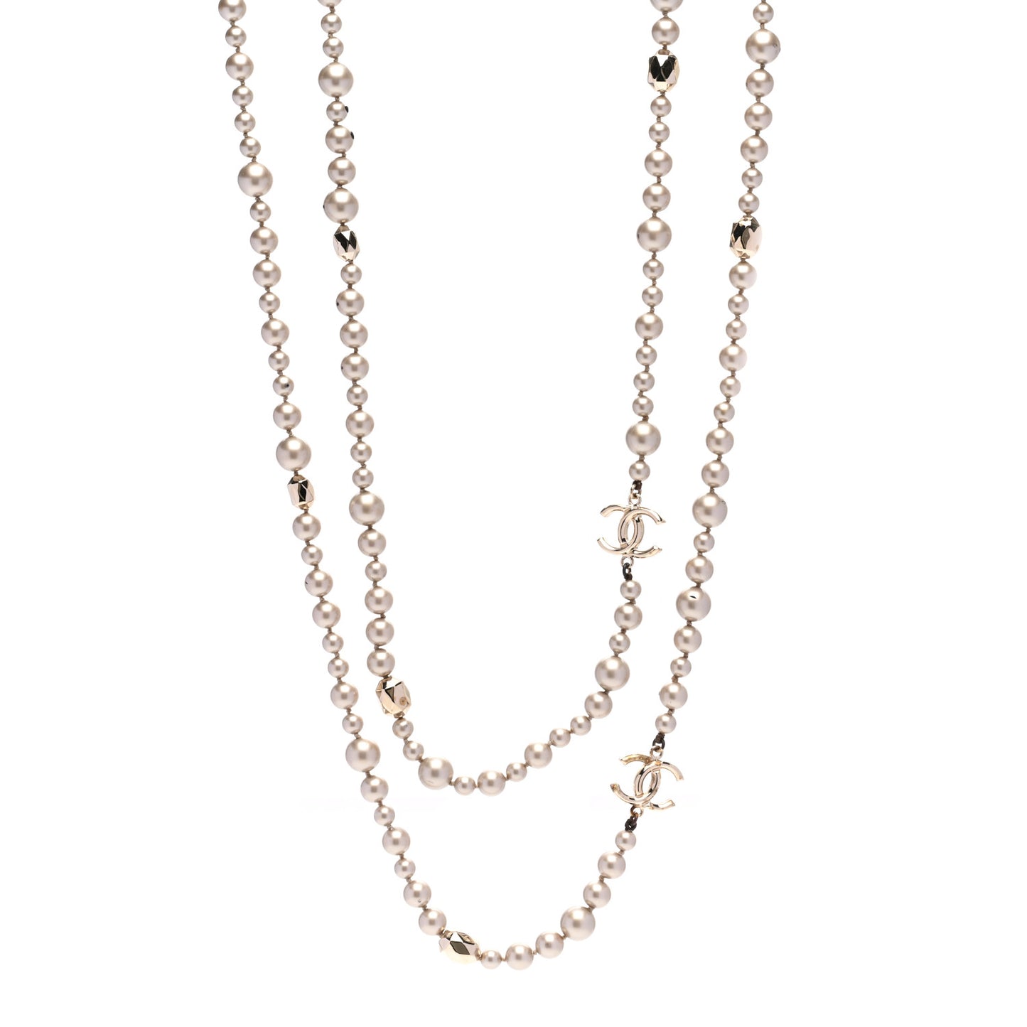 Pearl CC Long Necklace Gold Pearly Beige