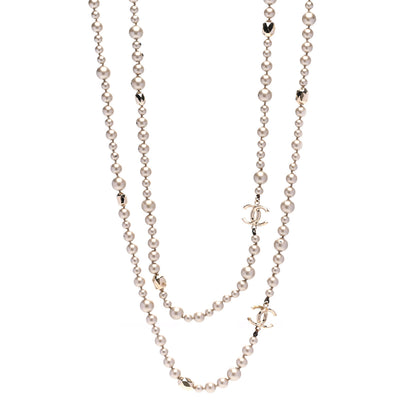 Chanel Pearl CC Long Necklace Gold Pearly Beige 1 of 5