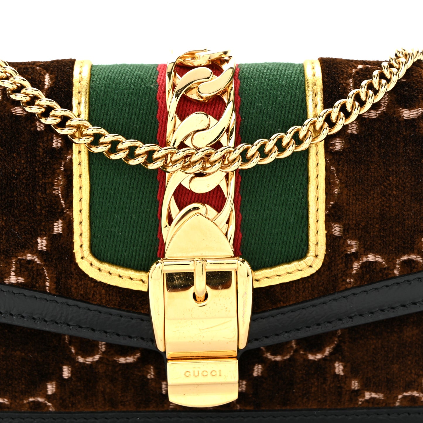 Velvet GG Monogram Web Super Mini Sylvie Chain Shoulder Bag Brown Black Oro Vecchio