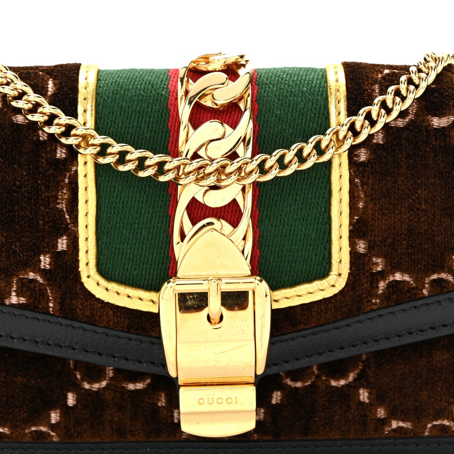 Gucci Velvet GG Monogram Web Super Mini Sylvie Chain Shoulder Bag Brown Black Oro Vecchio 8 of 10