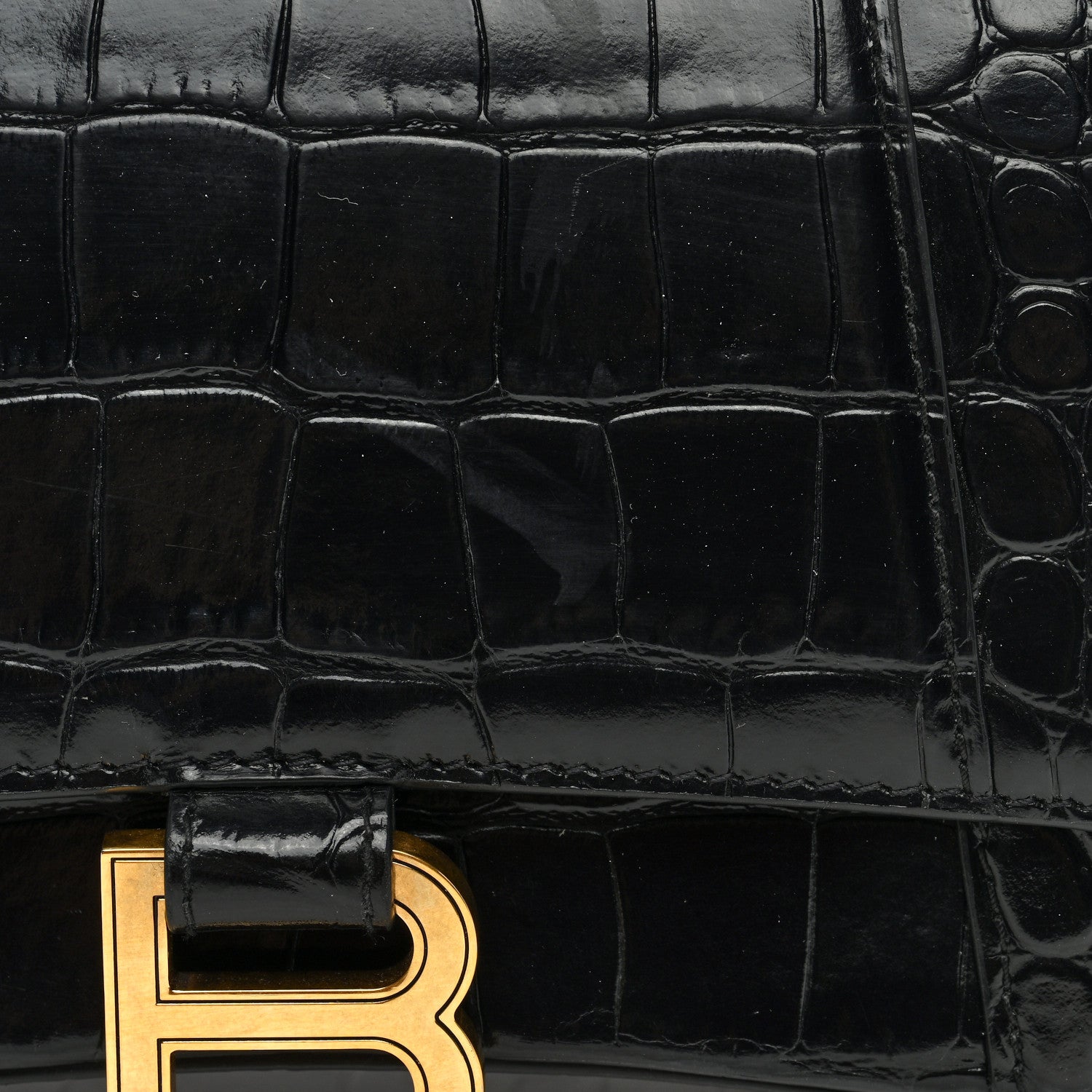 Balenciaga Shiny Calfskin Crocodile Embossed Small Hourglass Top Handle Bag Black 7 of 9