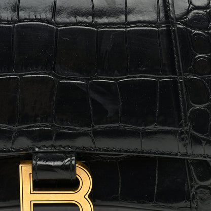 Balenciaga Shiny Calfskin Crocodile Embossed Small Hourglass Top Handle Bag Black 7 of 9