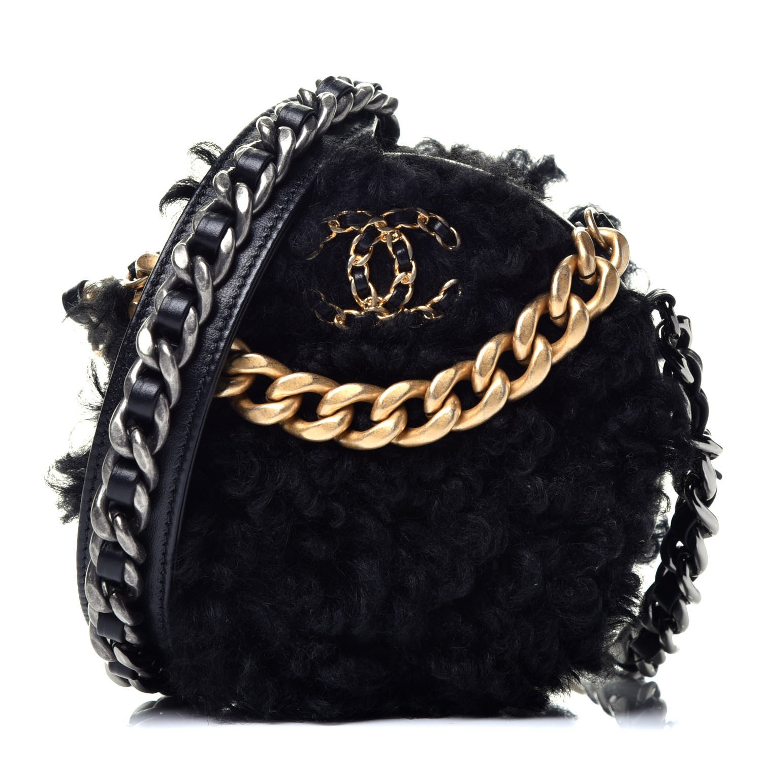 Chanel Shearling Sheepskin Chanel 19 Round Clutch With Chain Black 1 of 9