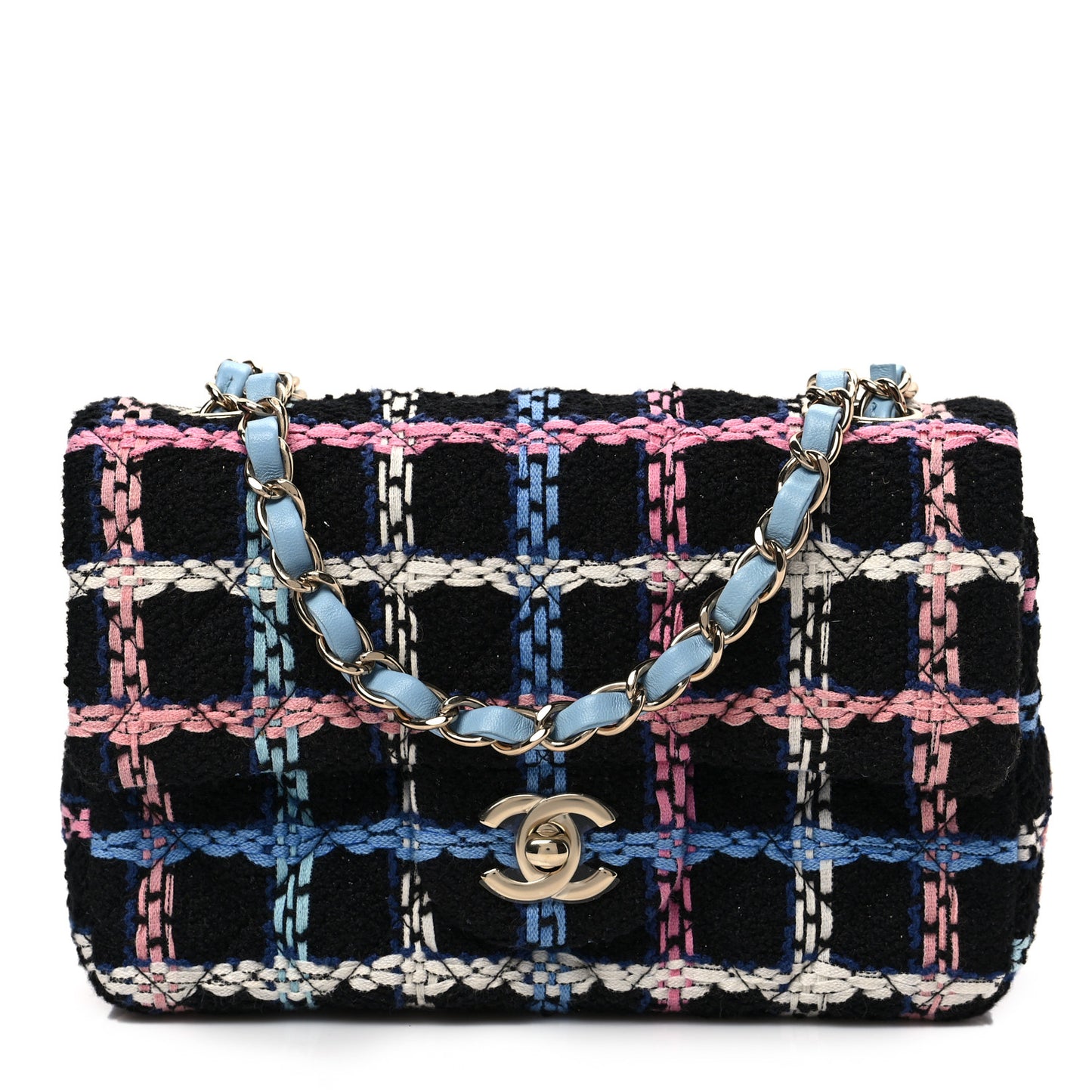 Tweed Quilted Mini Rectangular Flap Black Pink Blue Ecru