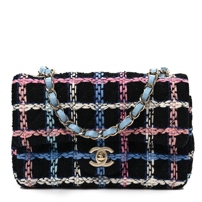 Chanel Tweed Quilted Mini Rectangular Flap Black Pink Blue Ecru 1 of 8