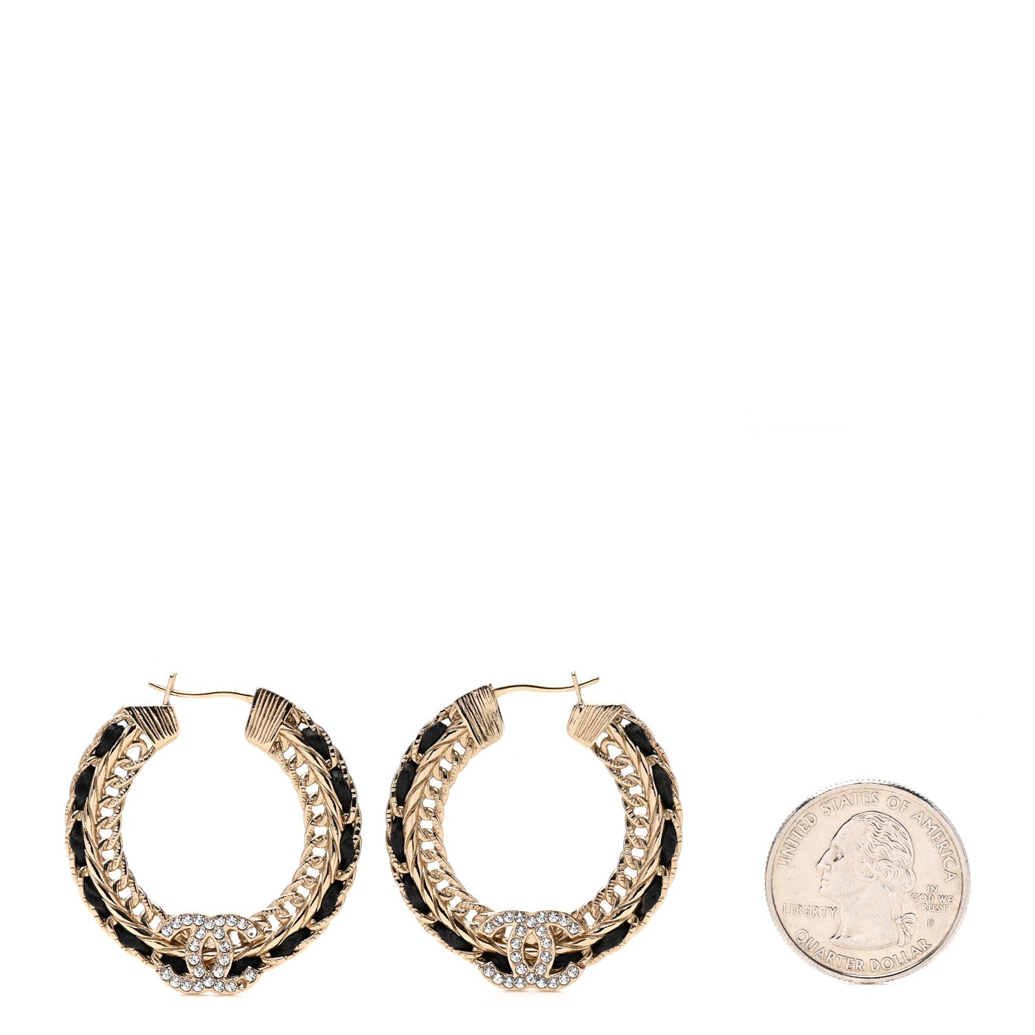 Chanel Crystal Lambskin CC Chain Hoop Earrings Gold Black 2 of 6
