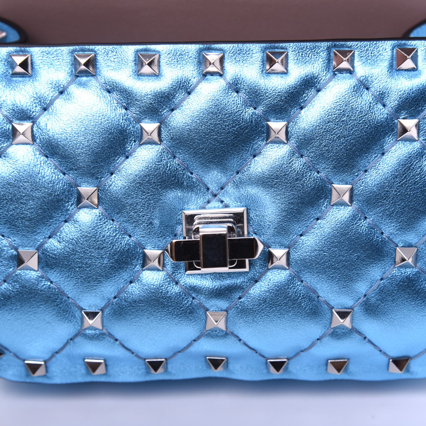 Metallic Nappa Micro Rockstud Spike Shoulder Bag Cerulean