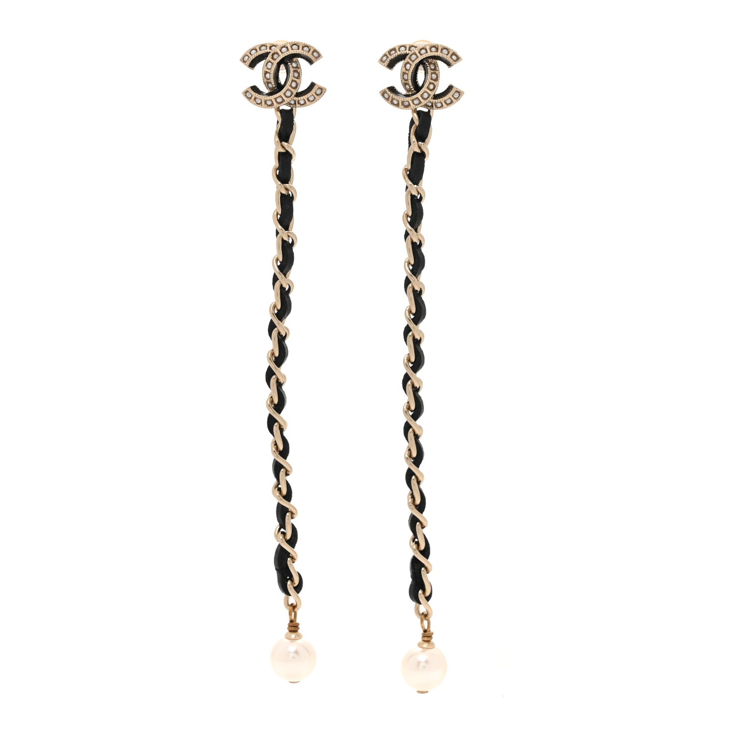 Lambskin Pearl Chain CC Drop Earrings Gold Black Pearly White