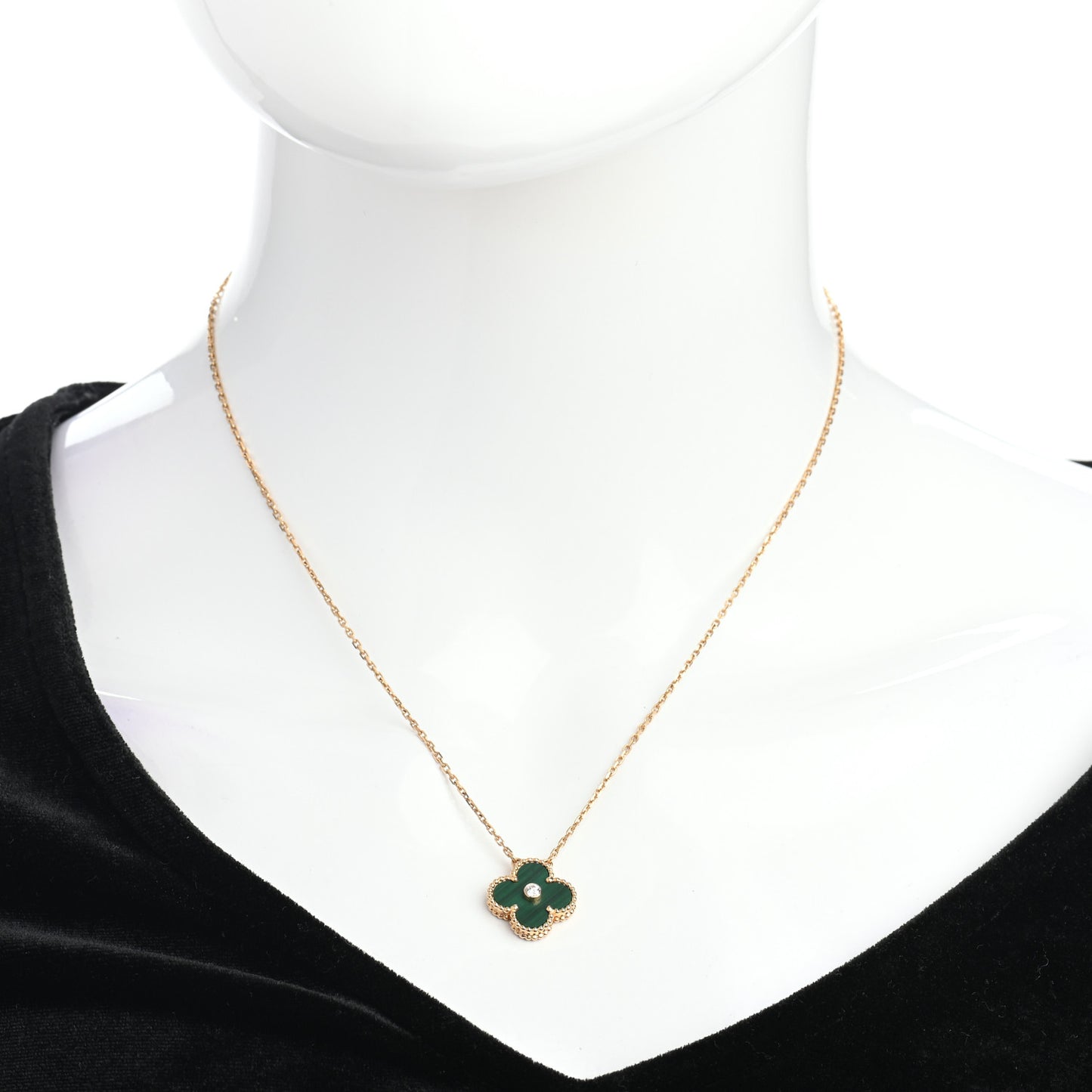 18K Yellow Gold Diamond Malachite Vintage Alhambra Pendant Necklace