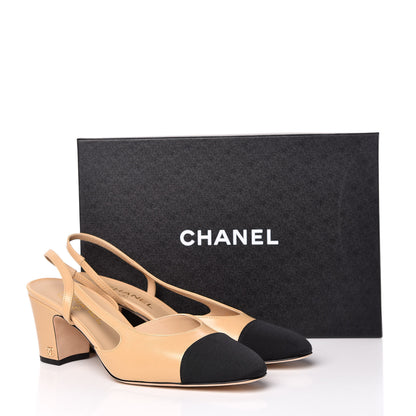 Chanel Goatskin Grosgrain Cap Toe CC Slingback Pumps 40.5 Beige Black 10 of 10