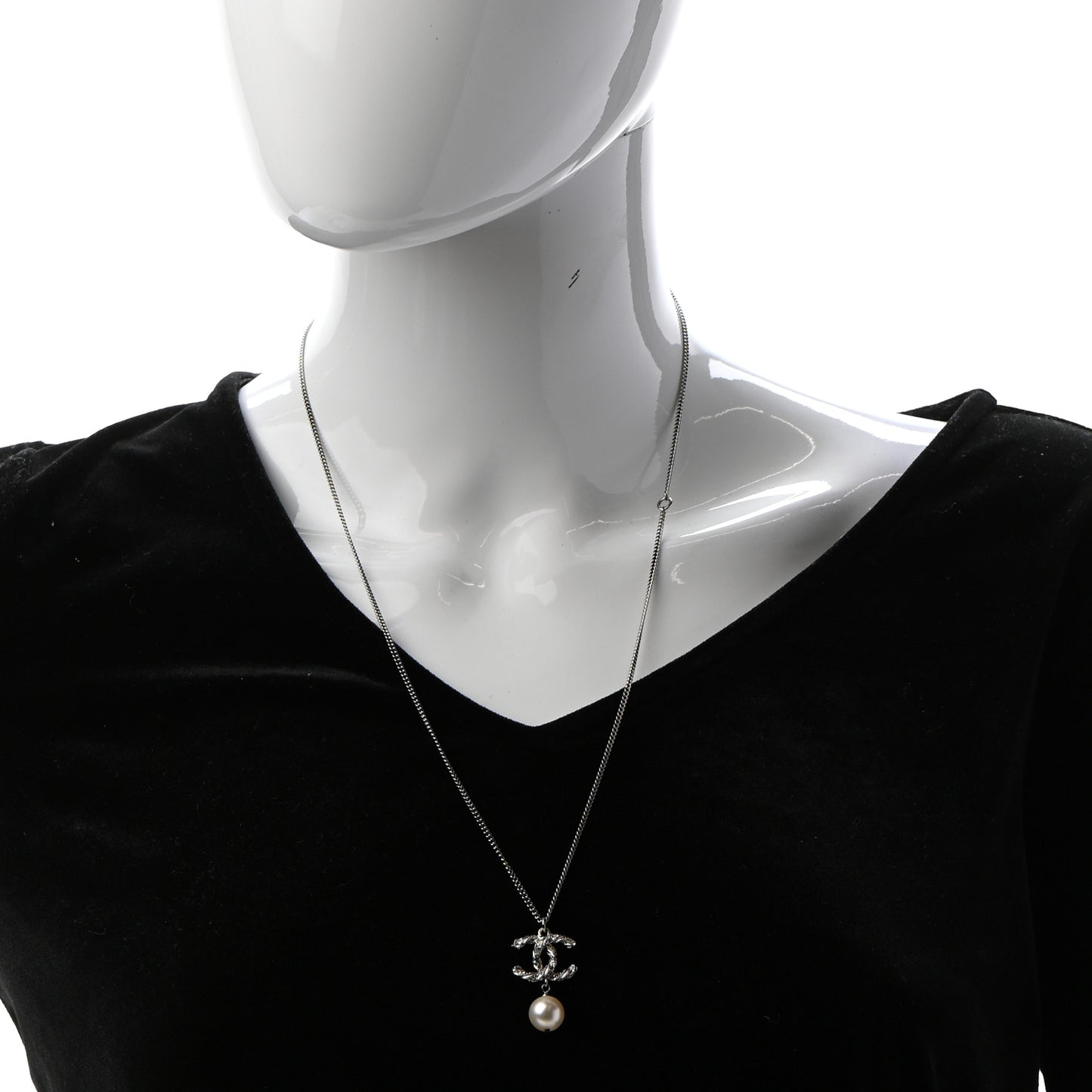 Crystal Pearl Twisted CC Drop Necklace Silver
