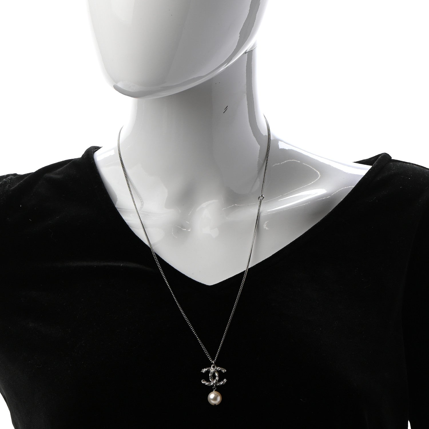 Chanel Crystal Pearl Twisted CC Drop Necklace Silver 2 of 5