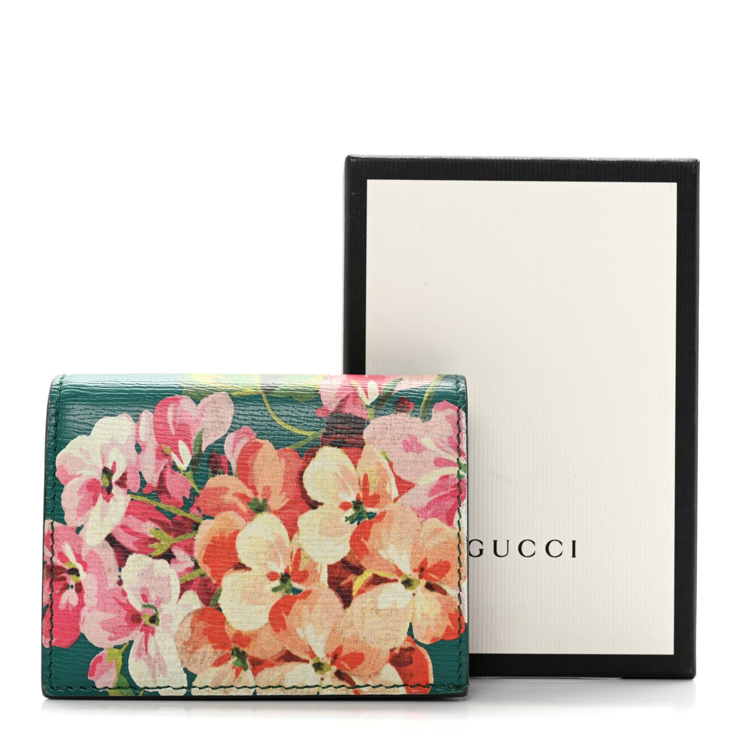 Shangai Calfskin Blooms Print Card Case Wallet Clear Bright Emerald Multicolor