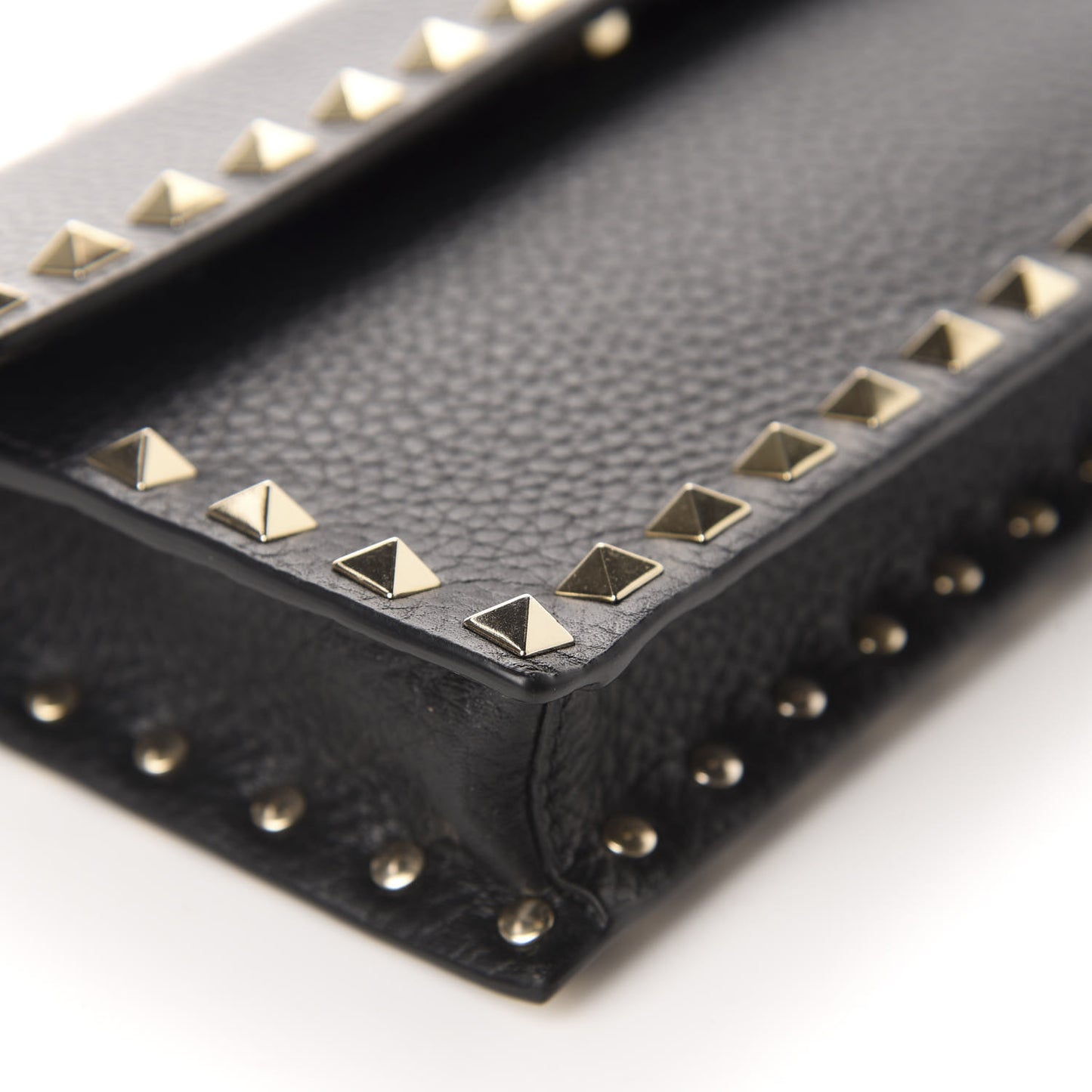 Pebbled Calfskin Rockstud Flap Wallet On Chain Black