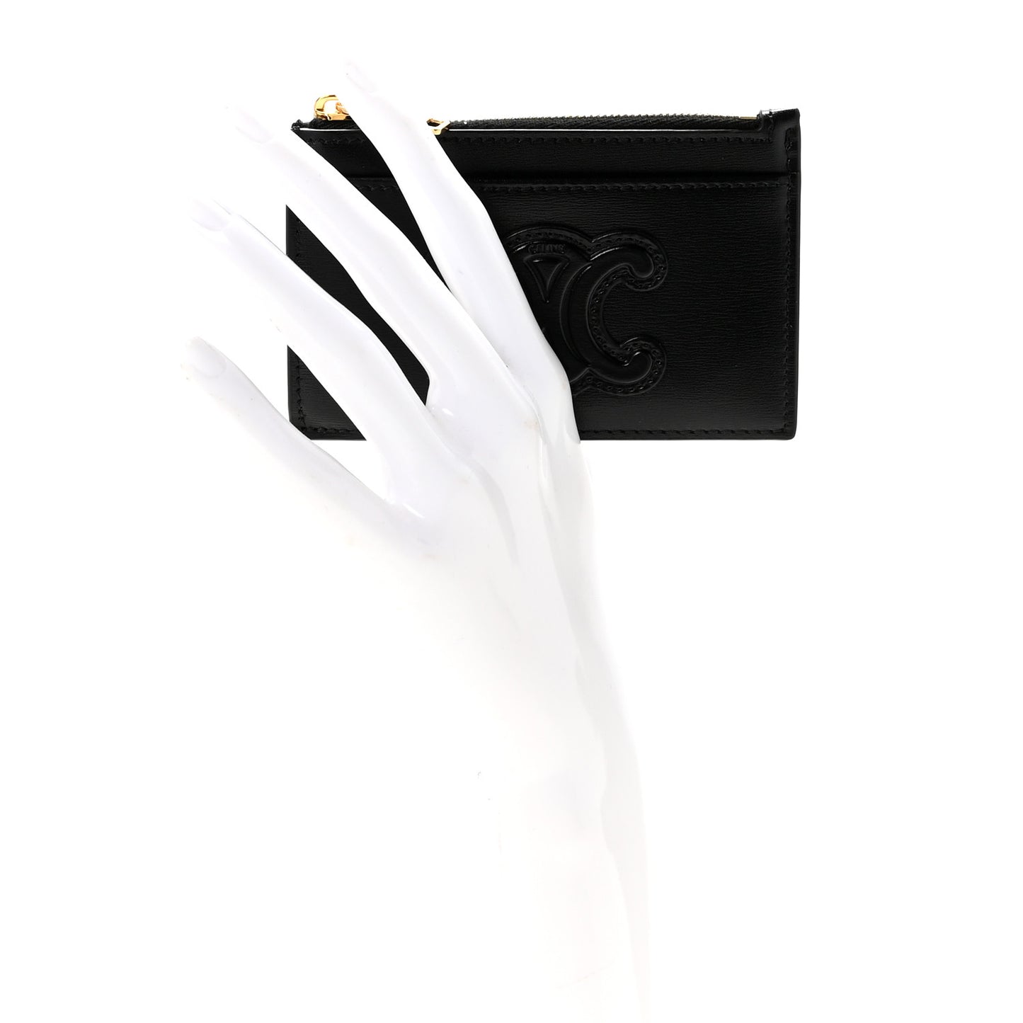 Triomphe Calfskin Zipped Card Holder Black Black