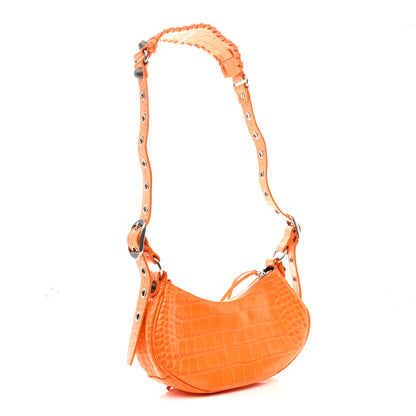 Balenciaga Extra Supple Calfskin Crocodile Embossed Le Cagole Shoulder Bag XS Pop Orange 4 of 12