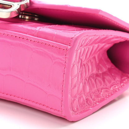Balenciaga Shiny Calfskin Crocodile Embossed Hourglass Top Handle Bag Mini with Chain Neon Pink 9 of 10