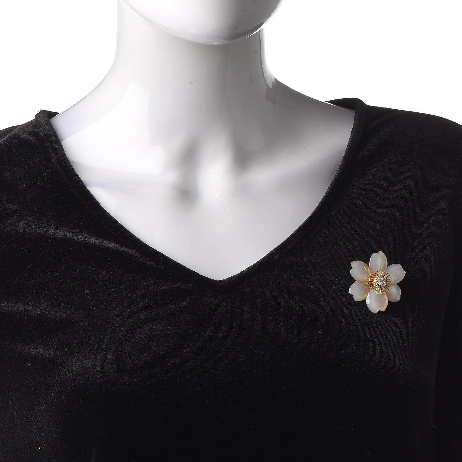 Van Cleef & Arpels 18K Yellow Gold Diamond Mother of Pearl Medium Rose De Noel Flower Brooch Pin 2 of 3
