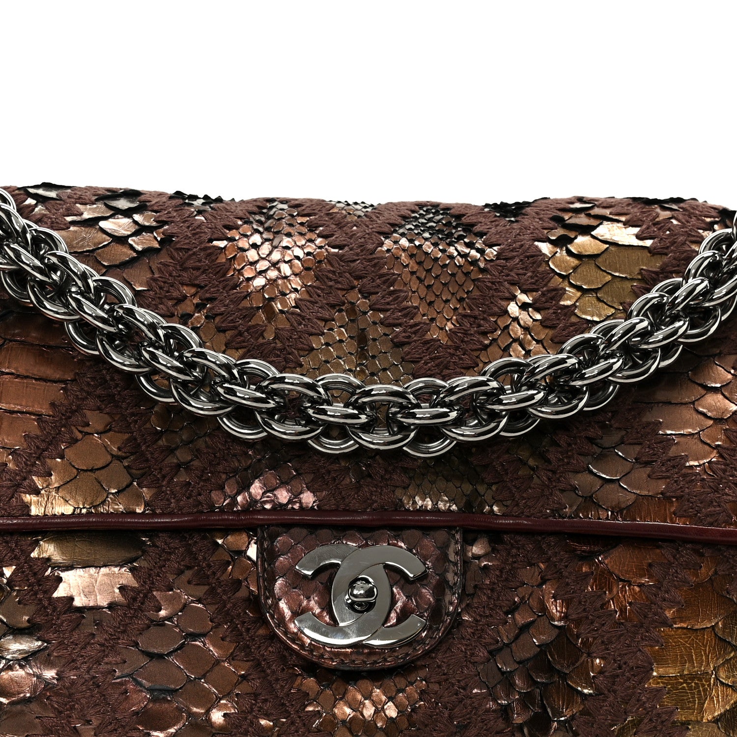 Chanel Metallic Snakeskin Crochet Soft and Chain Maxi Flap Burgundy Multicolor 9 of 11
