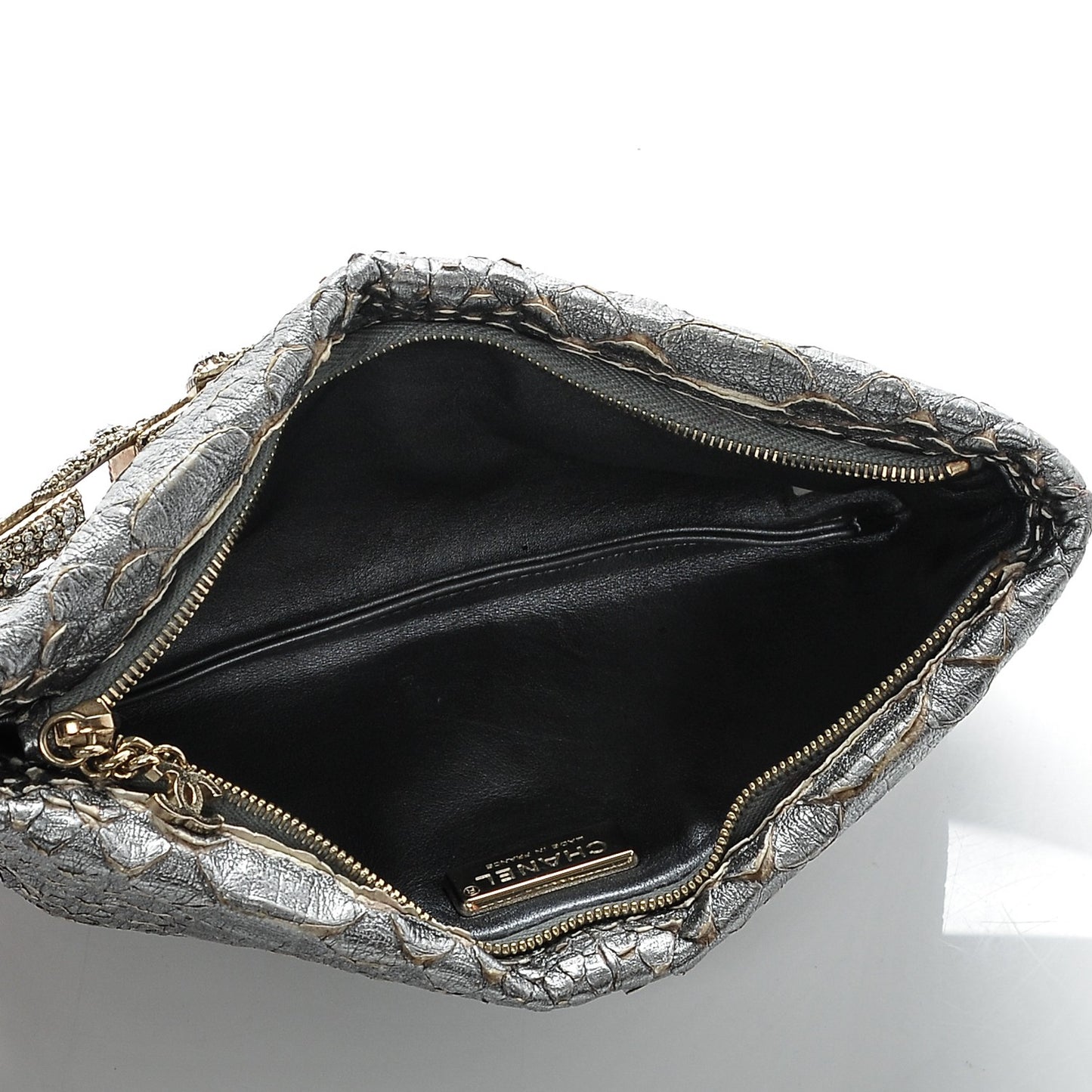 Metallic Python Crystal Paris Bombay Clutch Silver