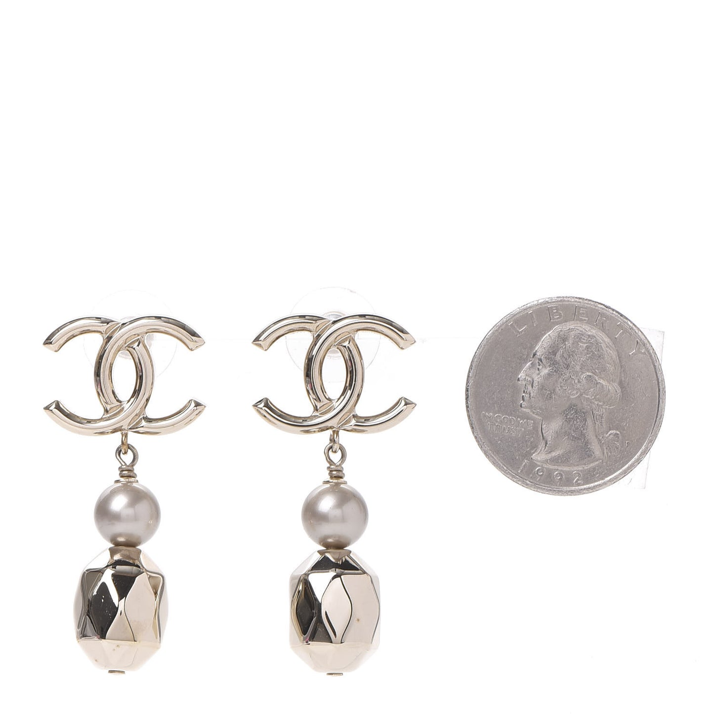 Metal Bead Pearl CC Drop Earrings Golden Pearly White