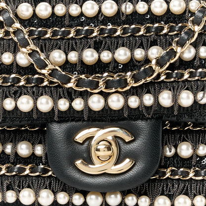 Chanel Lambskin Sequin Pearl Chain Fringe Mini Flap Black 10 of 12