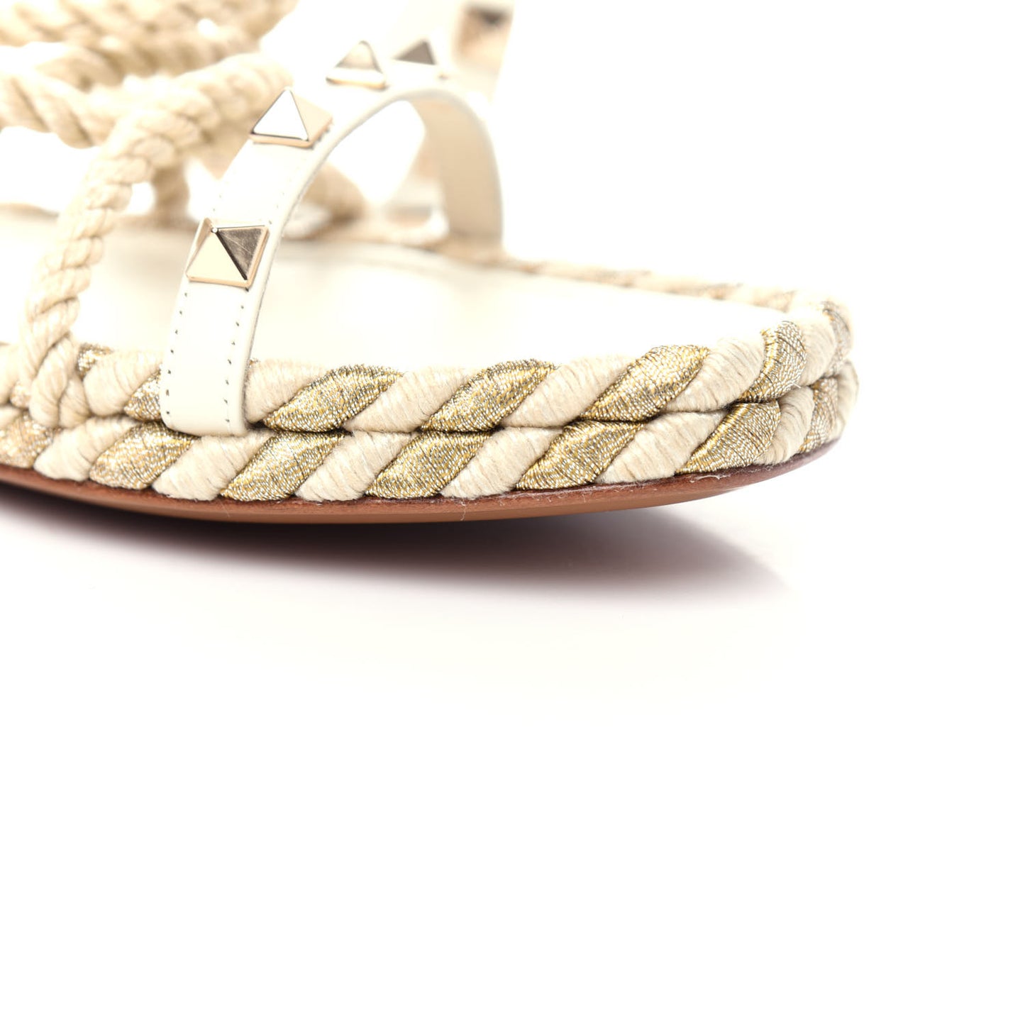 Calfskin Rockstud Torchon Rope Espadrille Flat Sandals 39 Light Ivory