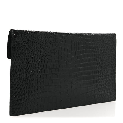 Saint Laurent Calfskin Crocodile Embossed Uptown Monogram Clutch Black 3 of 8
