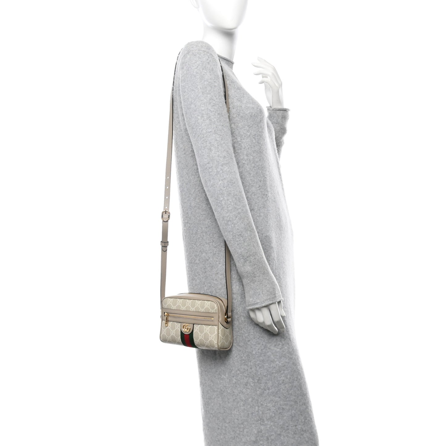 GG Supreme Monogram Textured Dollar Calfskin Mini Ophidia Shoulder Bag Beige Mystic White Oatmeal