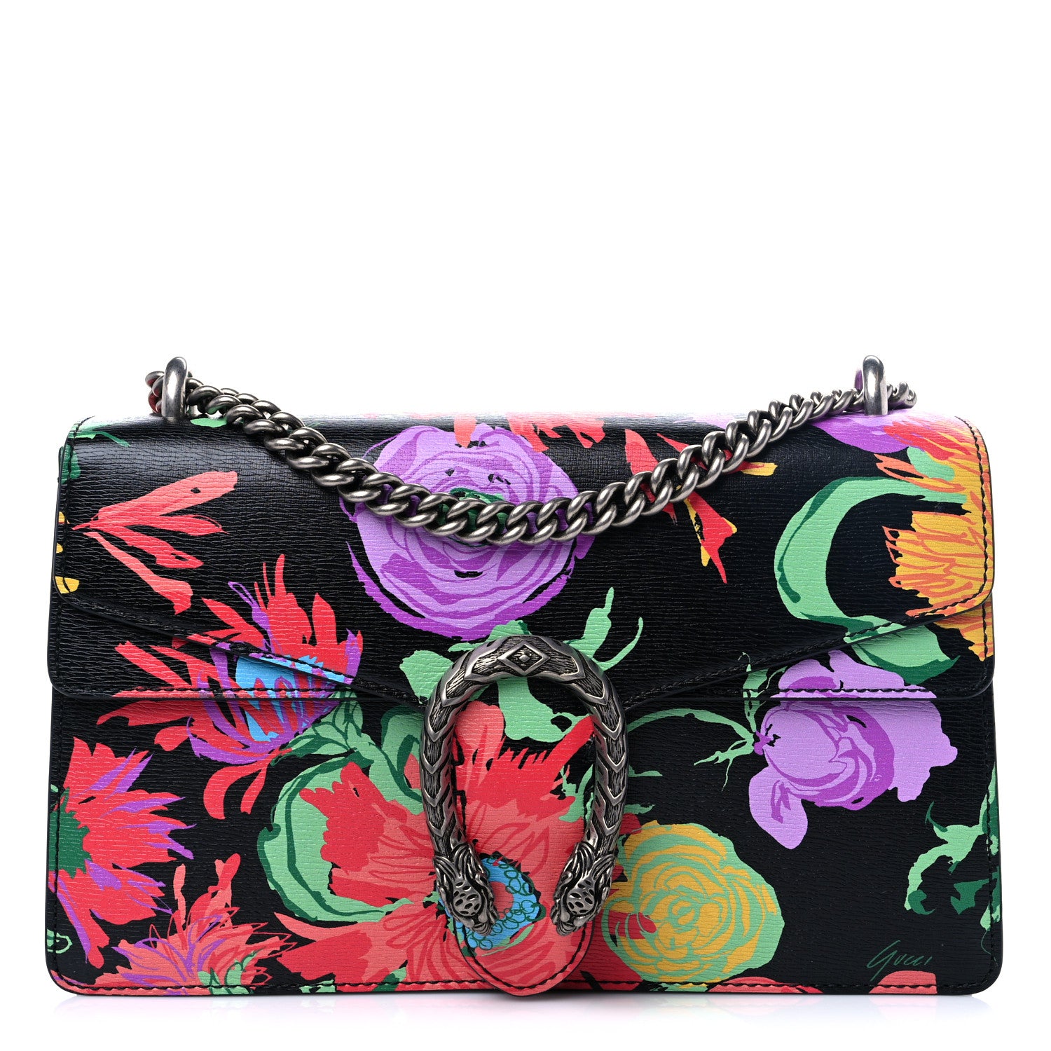 Gucci X KEN SCOTT New Shangai Calfskin Jenny Floral Print Small Dionysus Shoulder Bag Black Pink 1 of 9