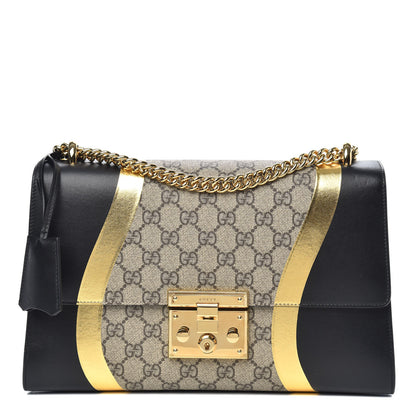 Gucci Calfskin GG Supreme Monogram Medium Padlock Shoulder Bag Black Gold 1 of 11