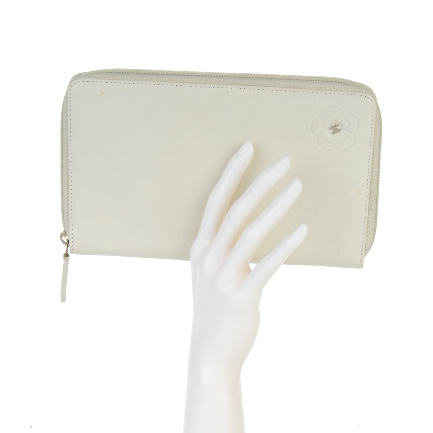 Goatskin Camellia Embossed Zip Around Wallet White