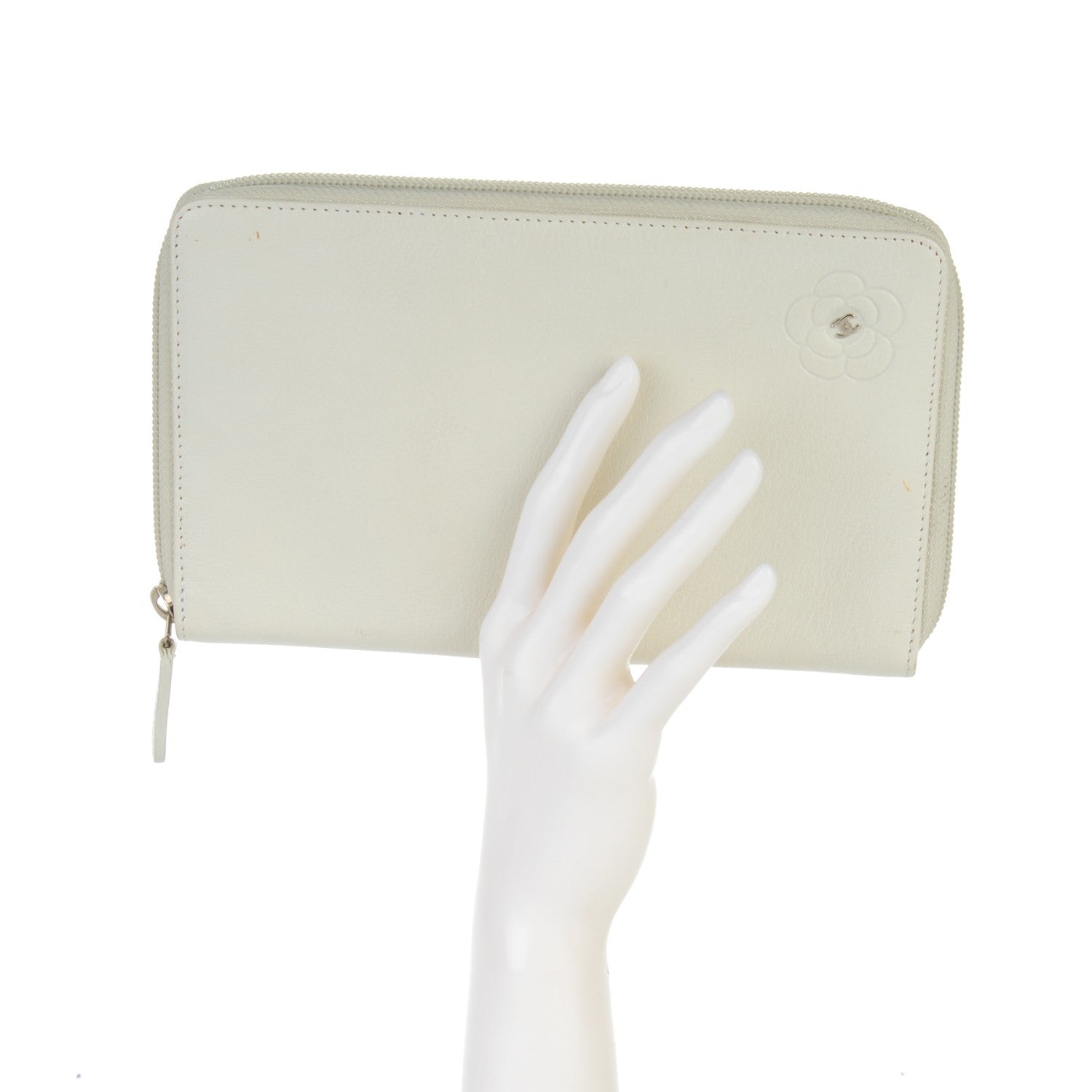 Chanel Goatskin Camellia Embossed Zip Around Wallet White 2 of 9
