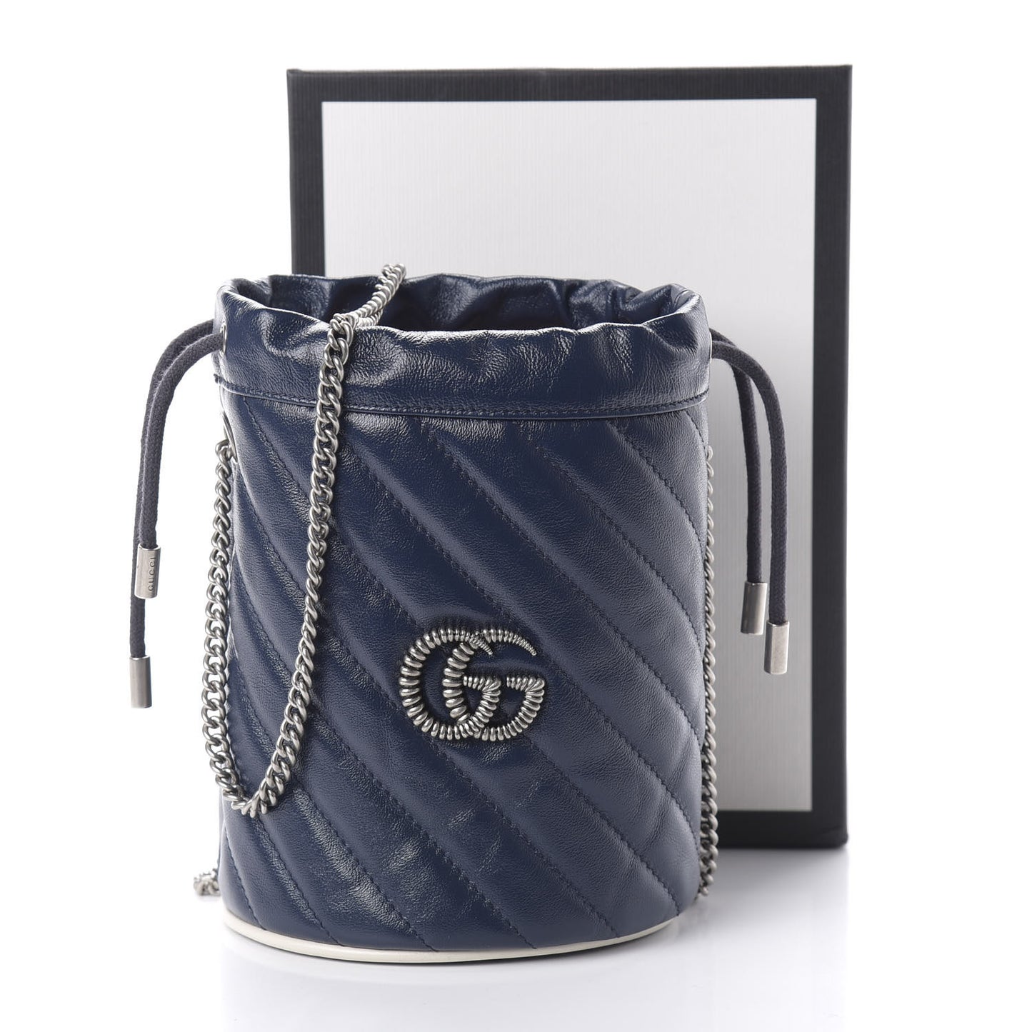 Vintage Effect Calfskin Matelasse Diagonal Mini Torchon GG Marmont 2.0 Bucket Bag Blue Agata Mystic White