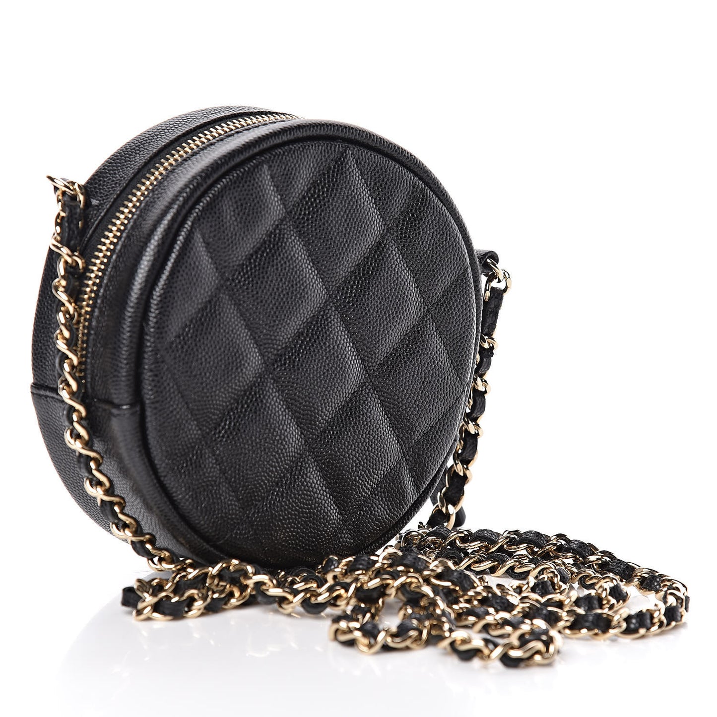 Caviar Quilted Round Clutch With Chain Black