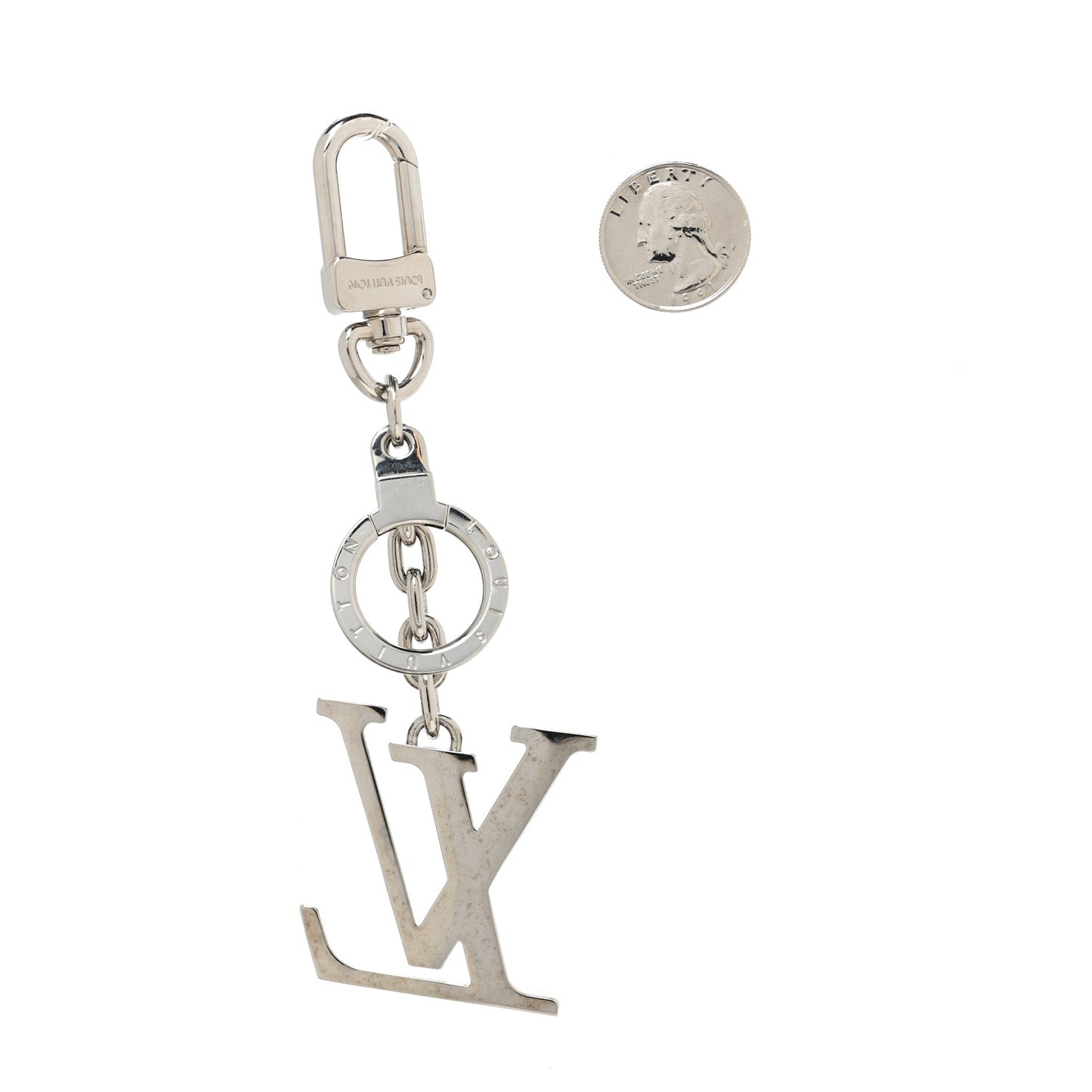 Metal Palladiium Finish LV Initiales Bag Charm Key Holder Silver