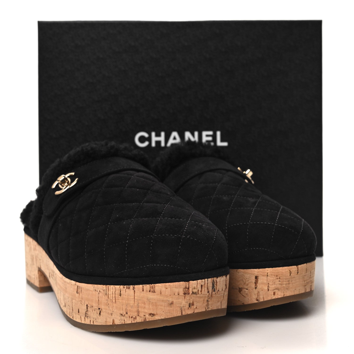 Chanel Suede Calfskin Shearling Turn Lock Clogs 39 Black 8 of 8