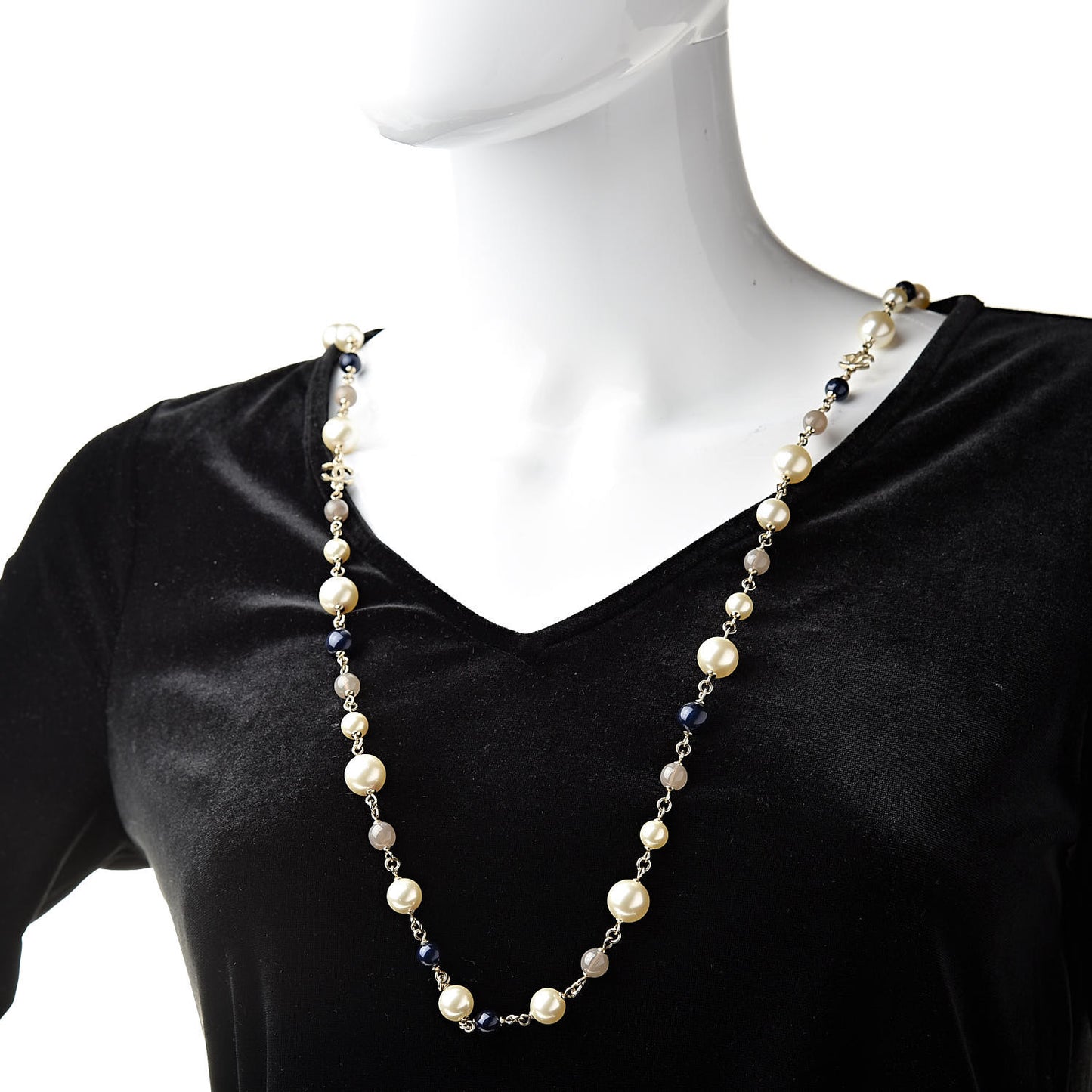Baroque Pearl Bead Enamel CC Long Necklace Navy Gold