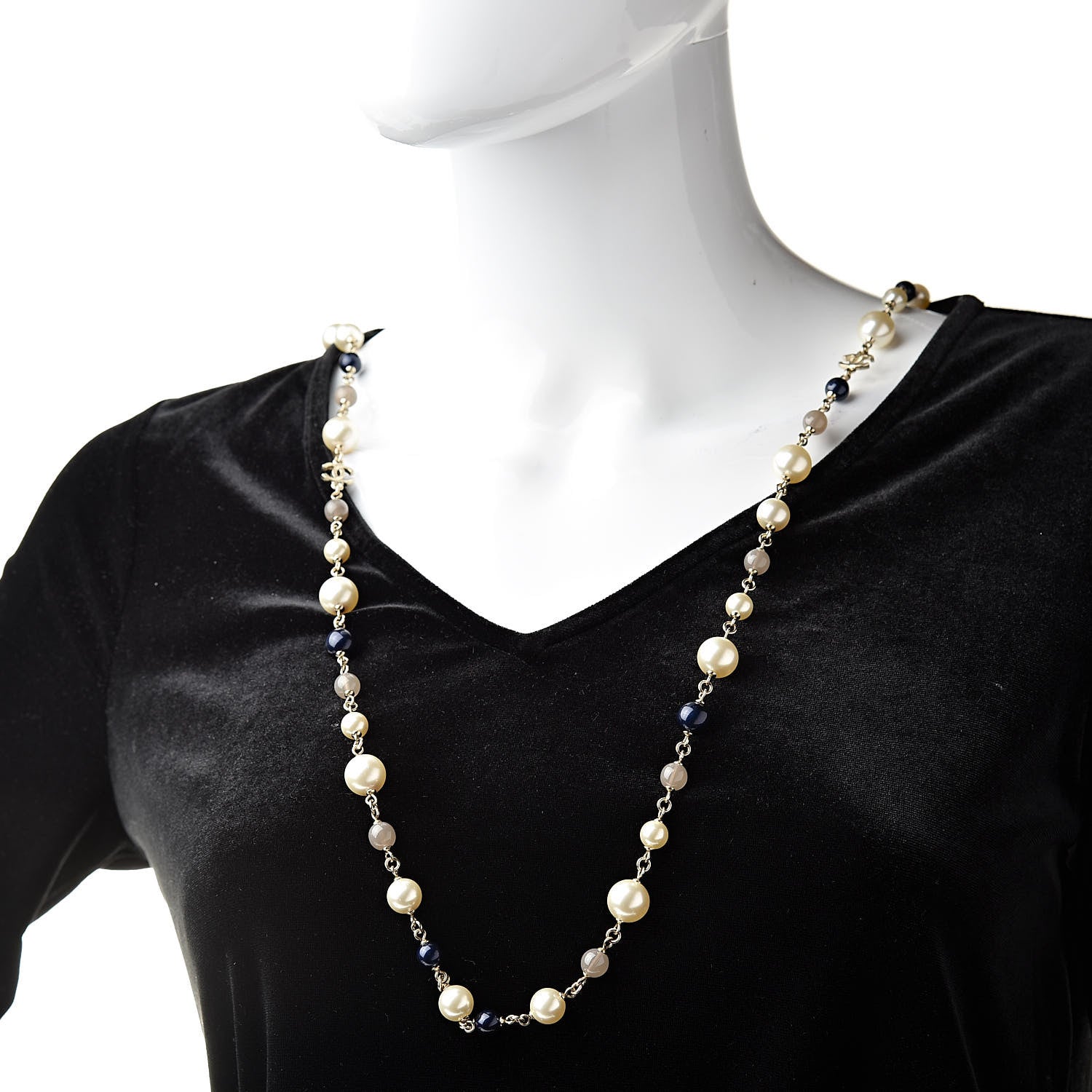 Chanel Baroque Pearl Bead Enamel CC Long Necklace Navy Gold 2 of 5