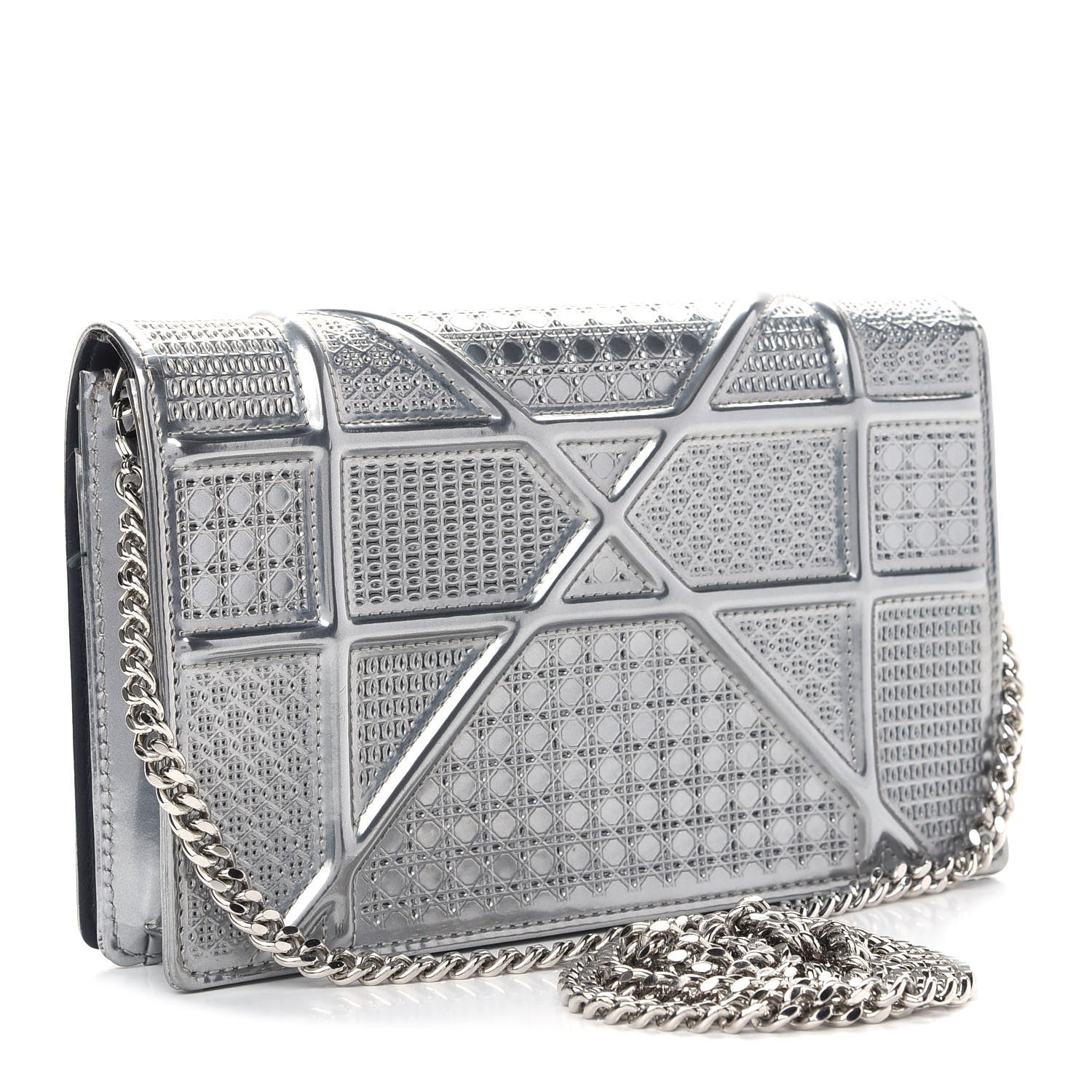 Christian Dior Metallic Patent Micro-Cannage Diorama Wallet on Chain Pouch Silver 3 of 10