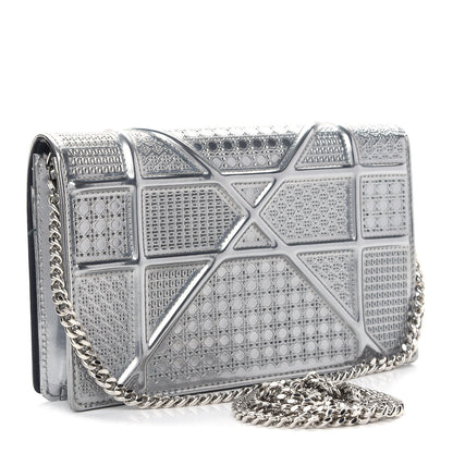 Christian Dior Metallic Patent Micro-Cannage Diorama Wallet on Chain Pouch Silver 3 of 10