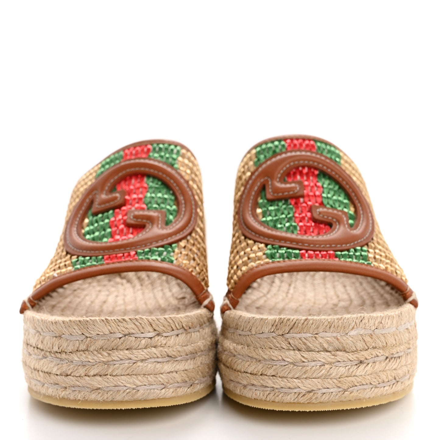Raffia Harness Calfskin Interlocking G Espadrille Wedge Sandals 37 Palmi Naturale Harness Brown Red Green