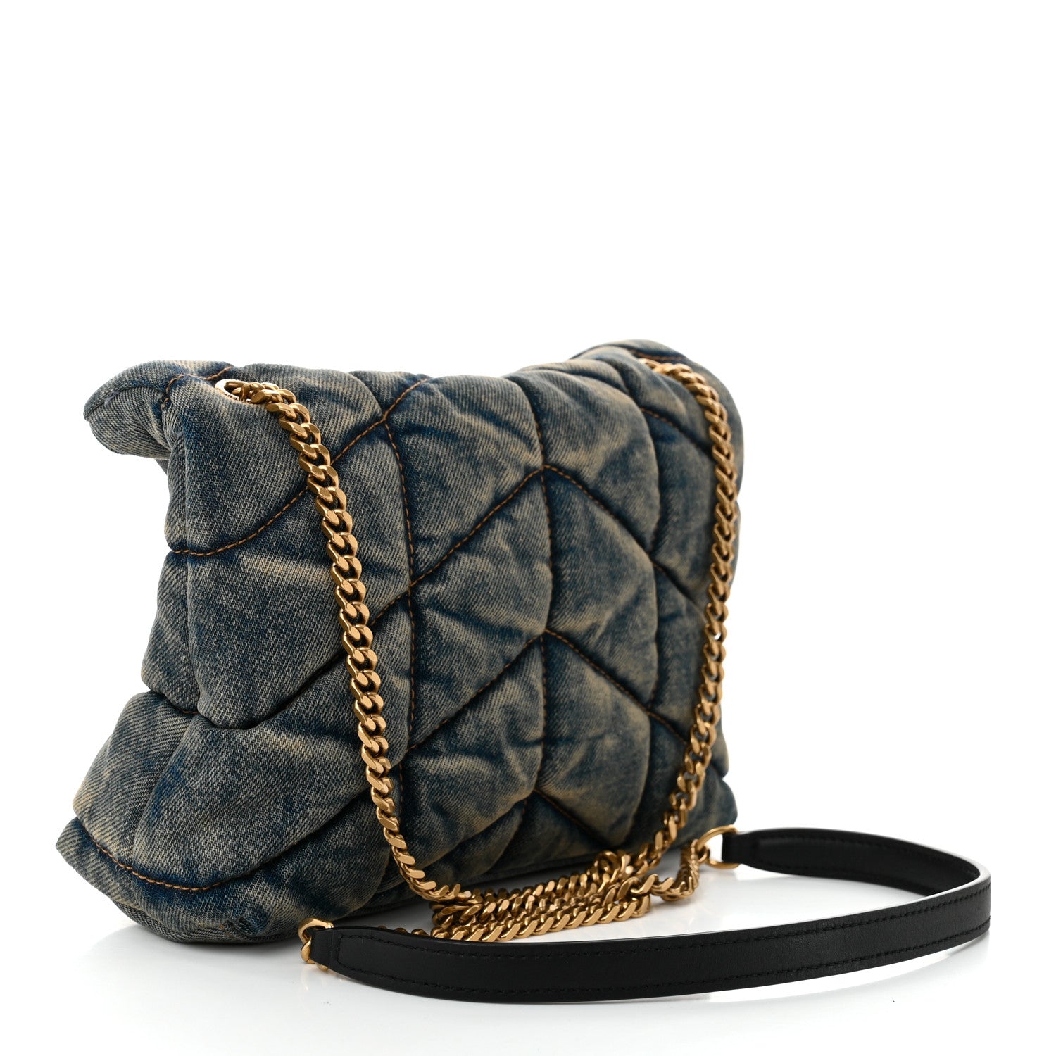Saint Laurent Denim Quilted Toy Loulou Puffer Monogram Chain Satchel Blue Black 3 of 11