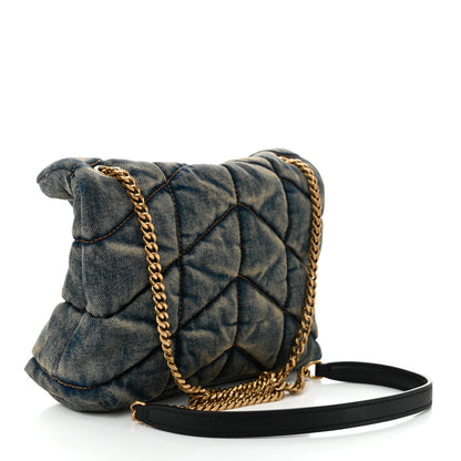 Saint Laurent Denim Quilted Toy Loulou Puffer Monogram Chain Satchel Blue Black 3 of 11